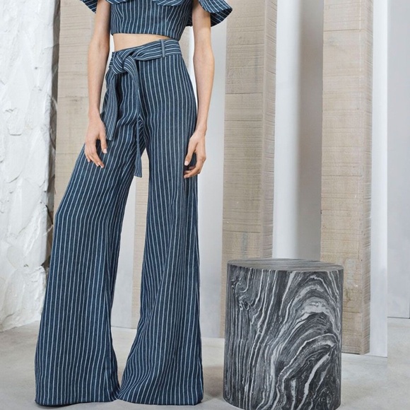 Alexis Cade Navy White Stripe Linen Wide Leg High Rise Pants XS - Picture 2 of 5